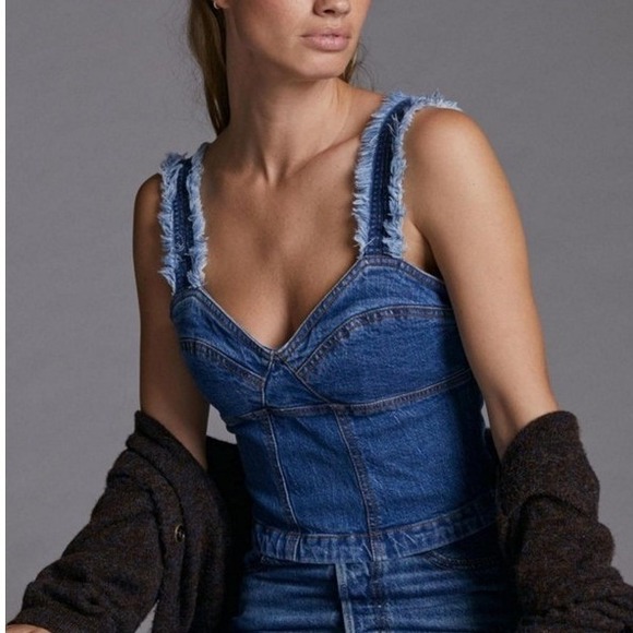 Pilcro and the Letterpress Tops - Pilcro Anthropologie Denim Corset Tank Top Vest Blue Frayed Straps Size‎ 4 NEW